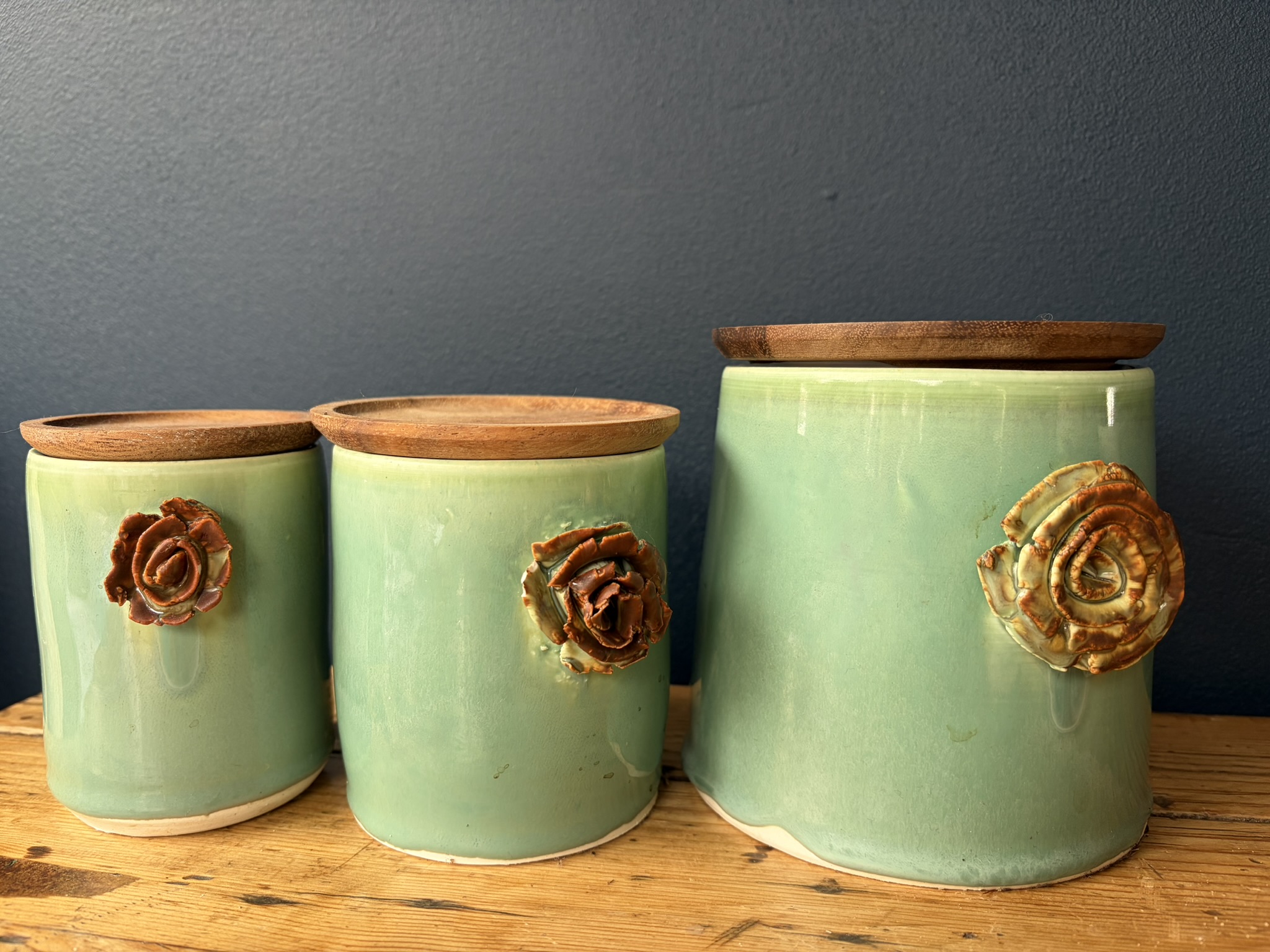Set of 3 green rose handle wood lid canisters 2