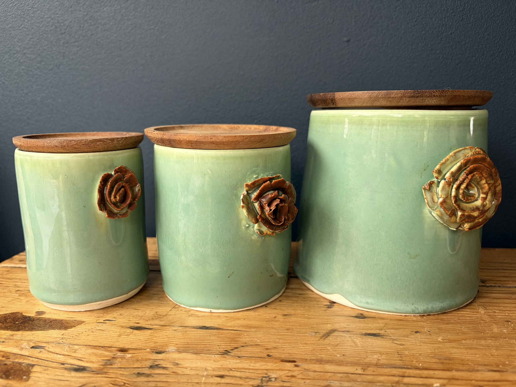 Set of 3 green rose handle wood lid canisters 3