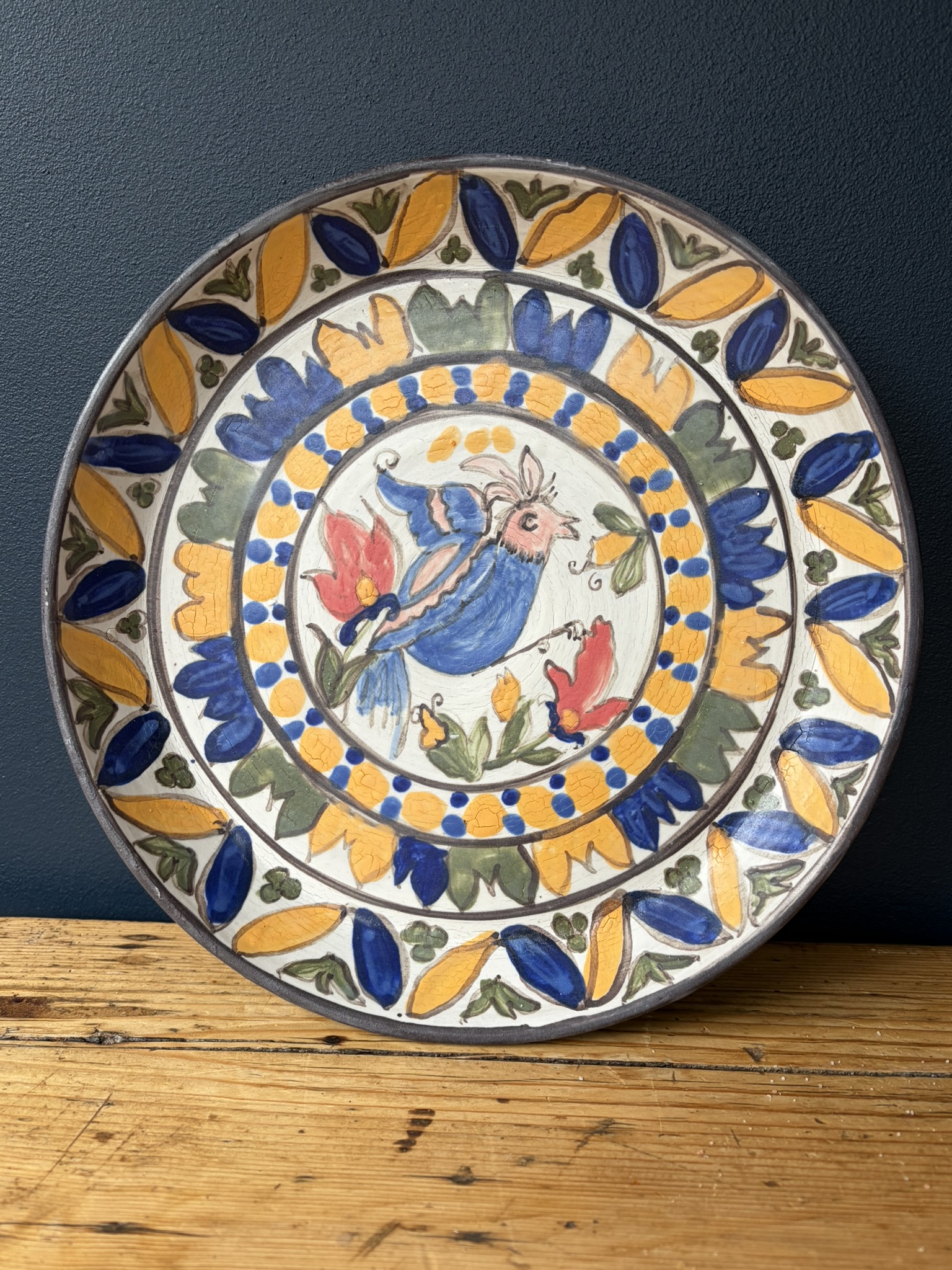 Hand painted satin matt glaze plate with bird