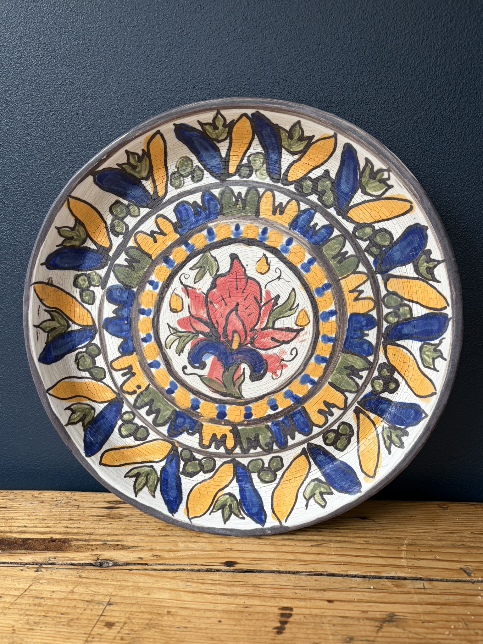 Hand painted satin matt glaze plate with flower