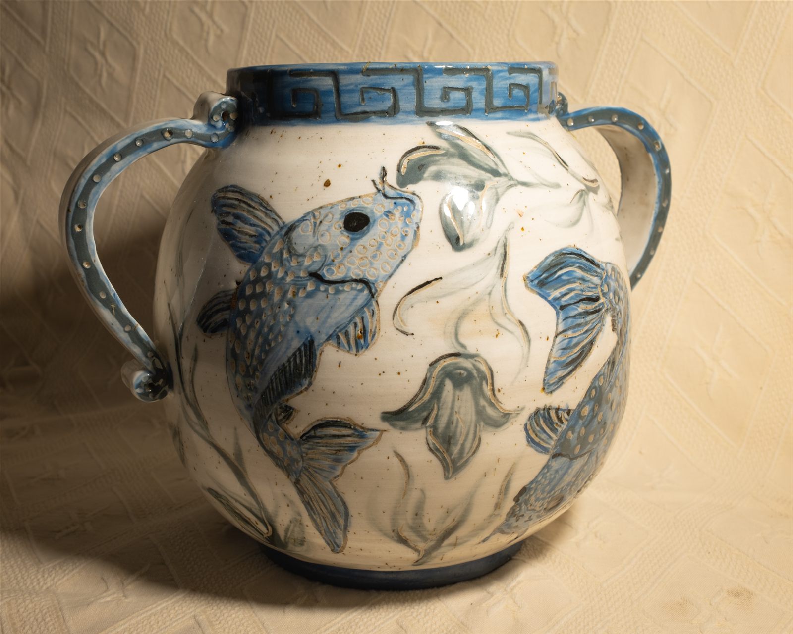 Blue and white koi vase